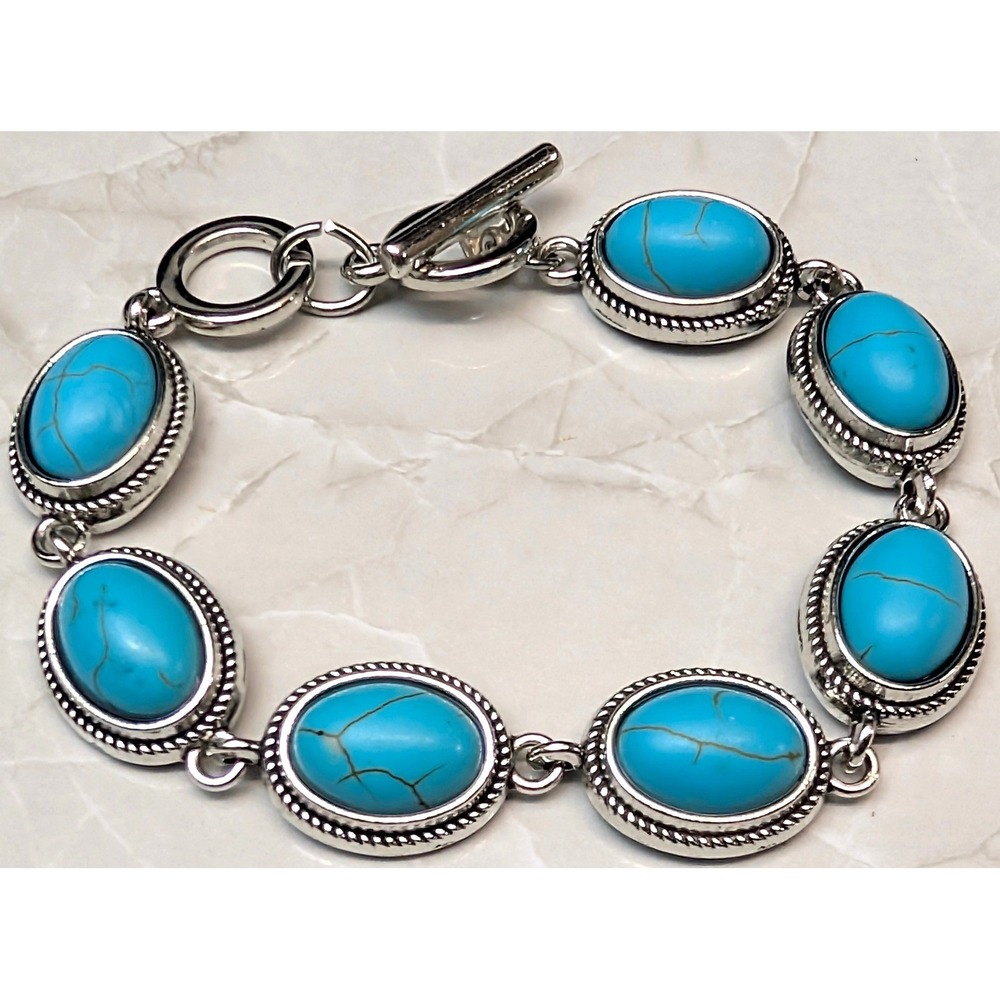 New Bracelet Blue Faux Turquoise Oval Stones Silver Tone Toggle Clasp 8" Cowgirl